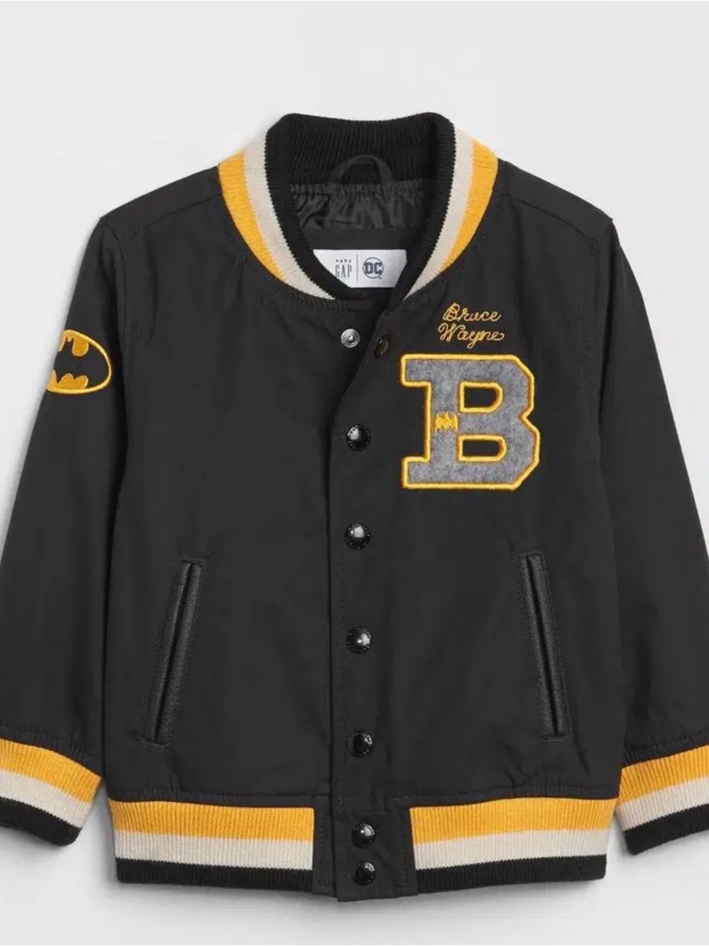 GapKids black and yellow Batman varsity bomber jacket